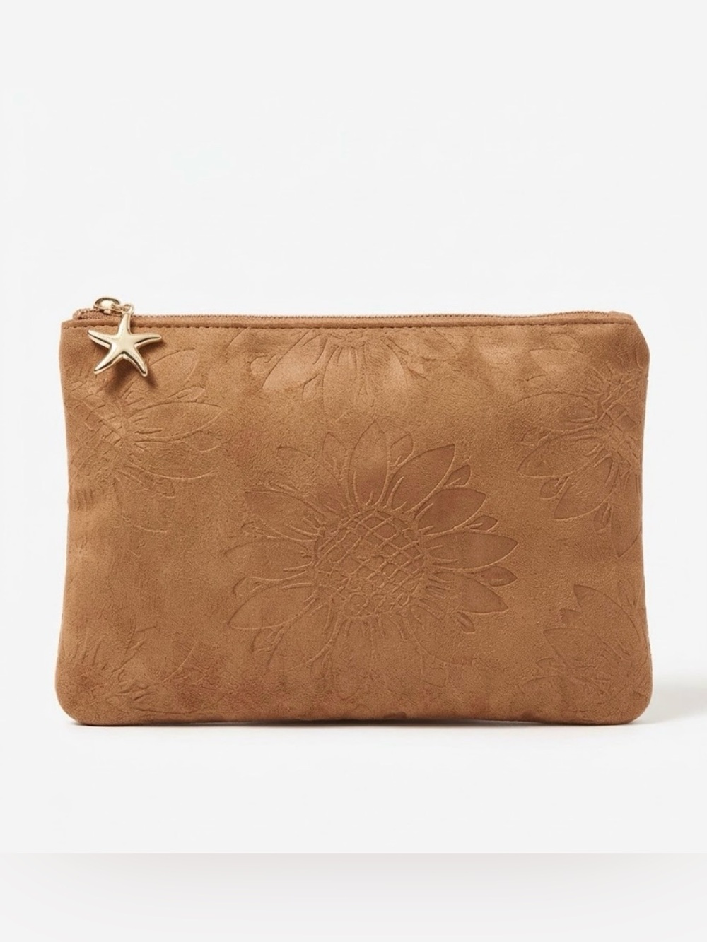 Women's Tan Suede like Zip Pouch Clutch makeup bag
